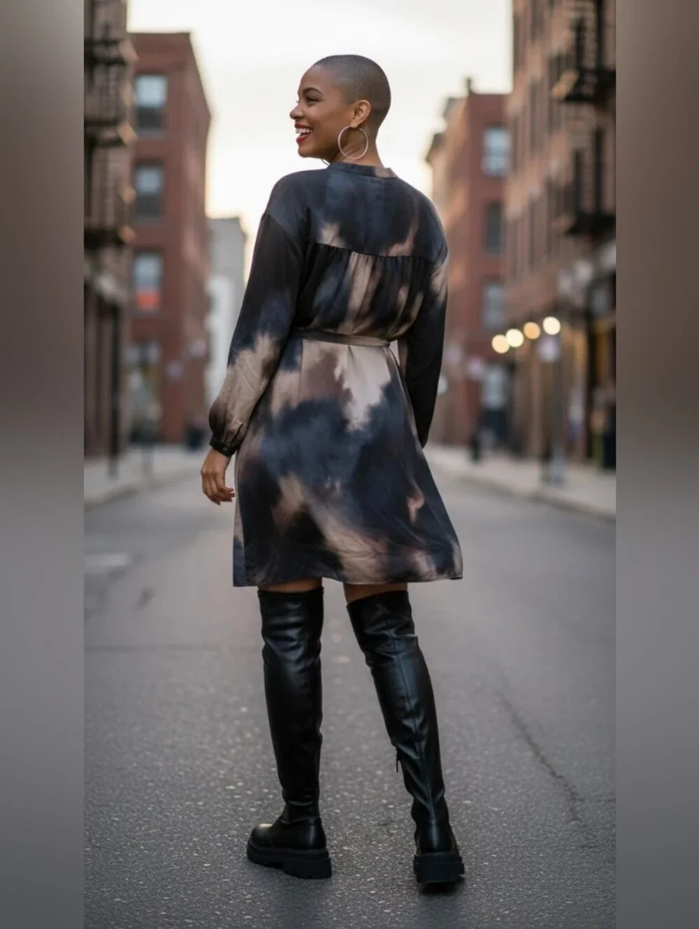 H& M Tie-Dye Long Sleeve A-Line Dress - Black and Brown SIZE LARGE